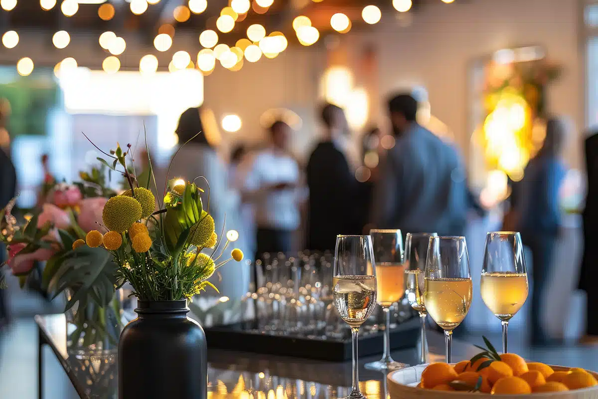 Elegant indoor event with guests drinks and floral decoration
