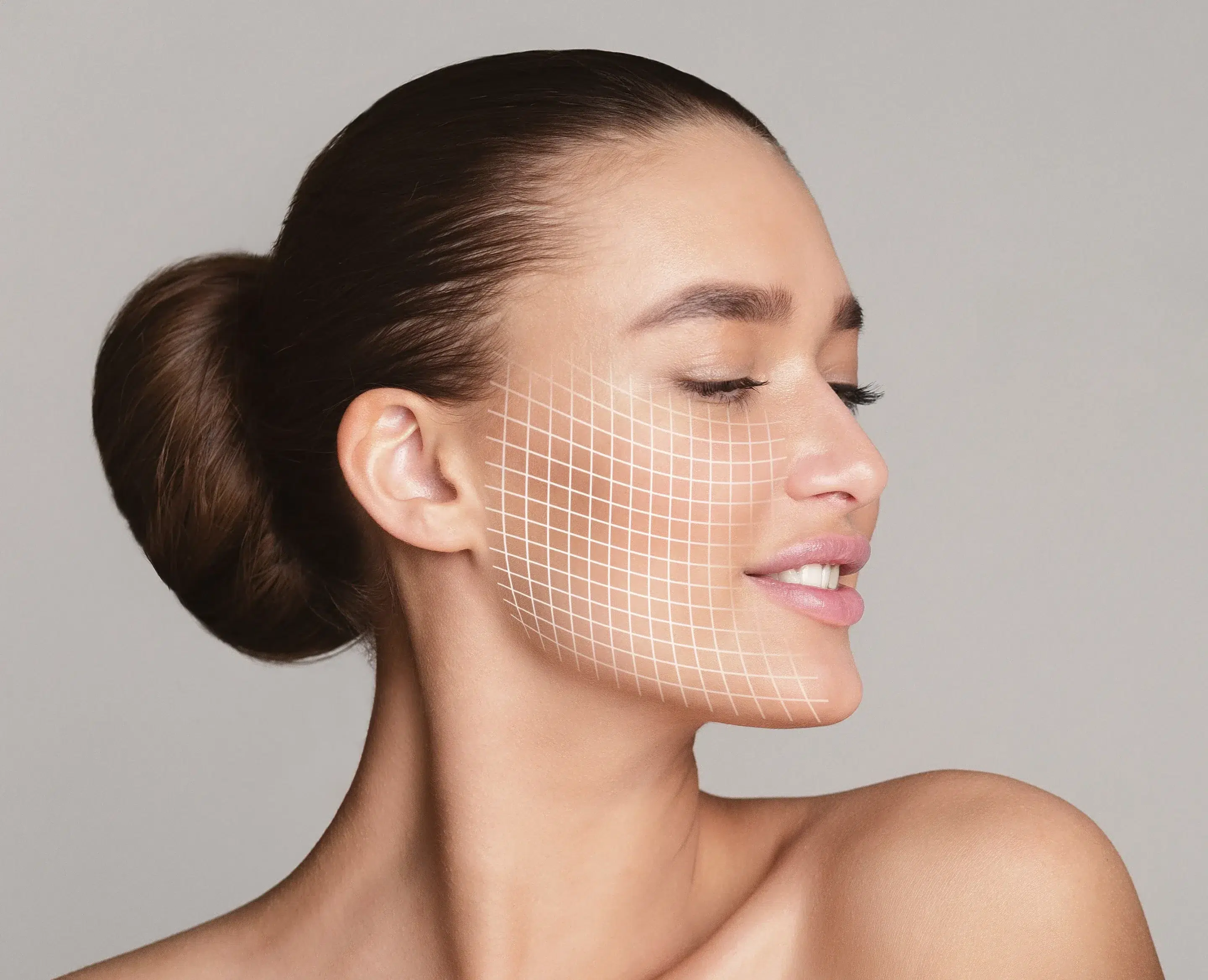 Face lift. Stunning woman portrait with graphic lines showing facial lifting effect on skin